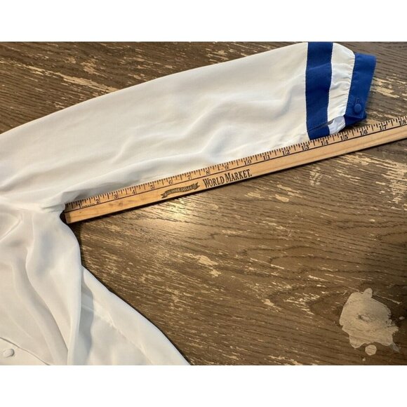 ST. JOHN White Button Down Collarless blouse Size 10  Sheer Blue Accent Luxury - Picture 6 of 9